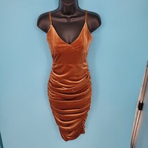 Hera Collection Burnt Orange Velvet Ruched Bodycon Midi Dress Glam cocktail club